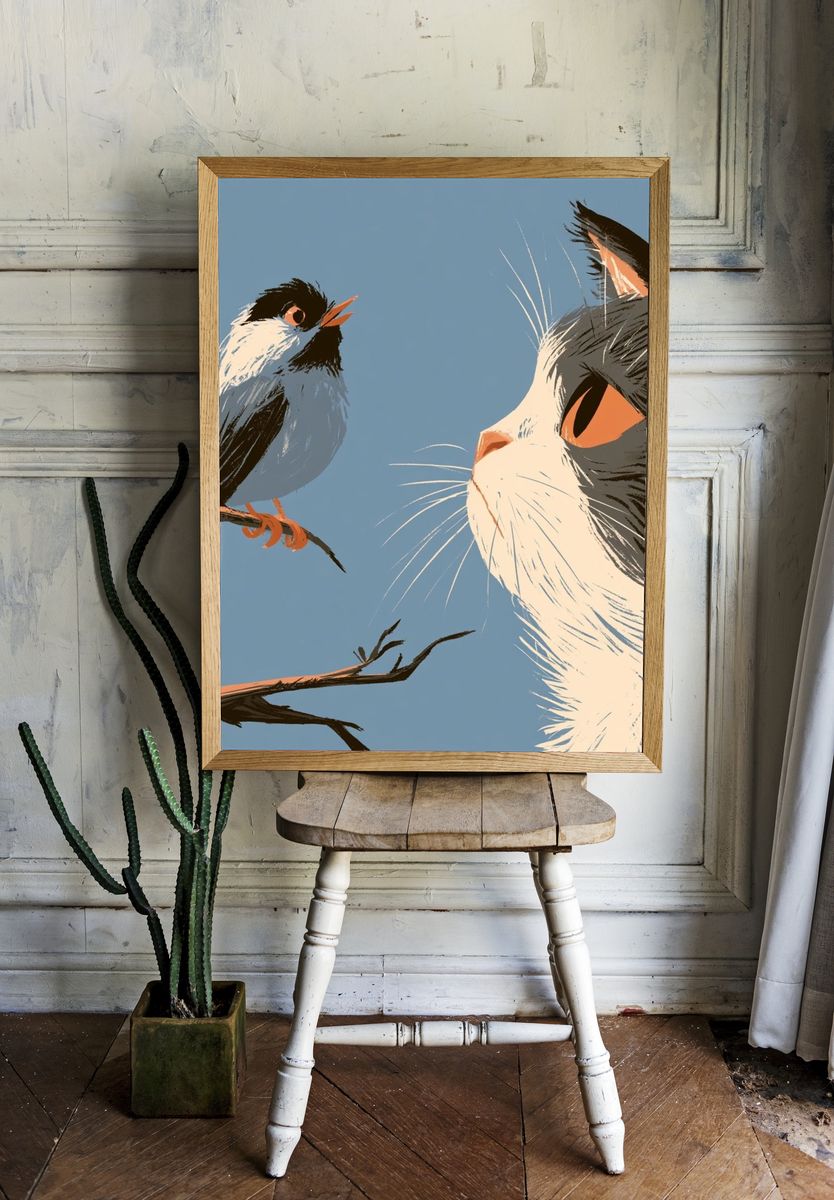 Cat and Bird Illustration Poster. — room view 1