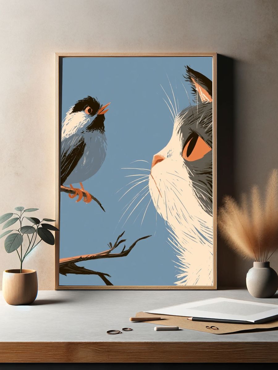 Cat and Bird Illustration Poster. — room view 2