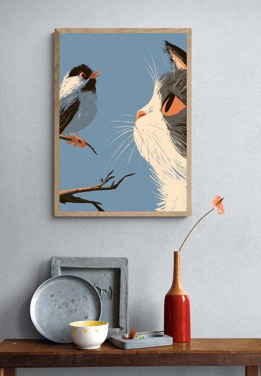 Cat and Bird Illustration Poster. — room view 3