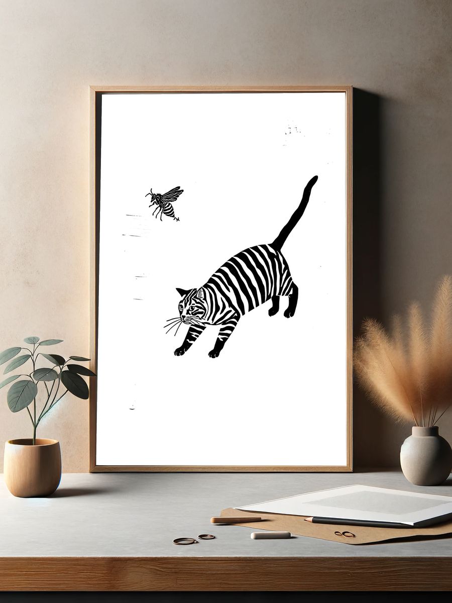 Tiger and Bee Black-White Print. — room view 2