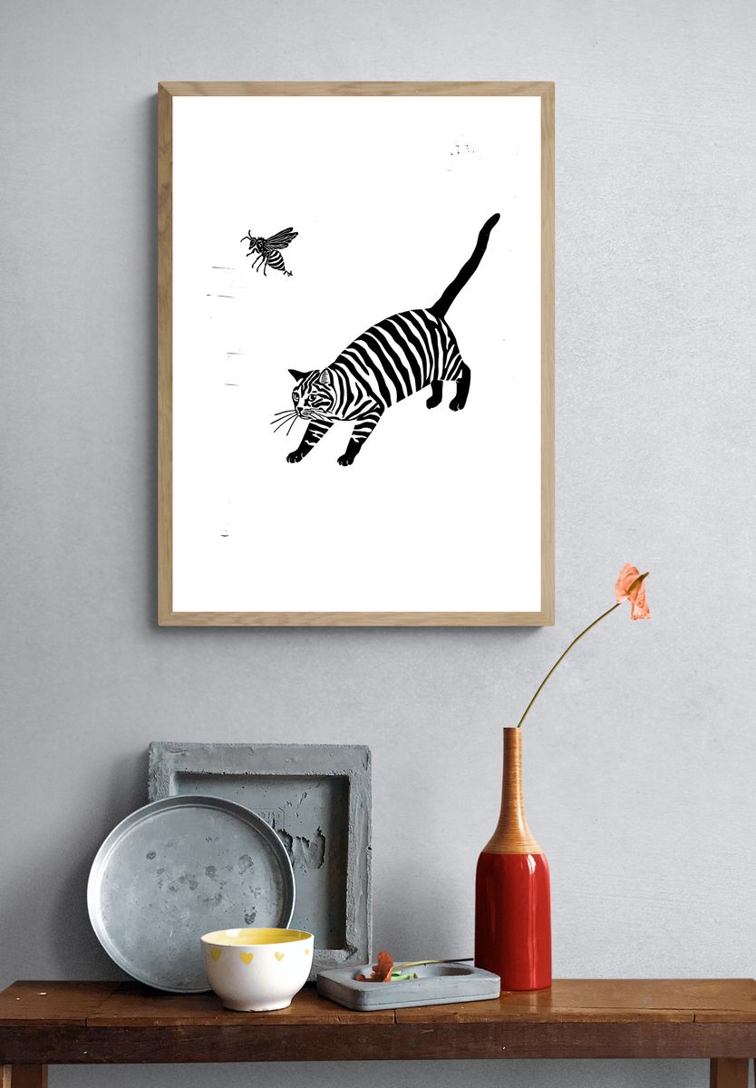Tiger and Bee Black-White Print. — room view 3
