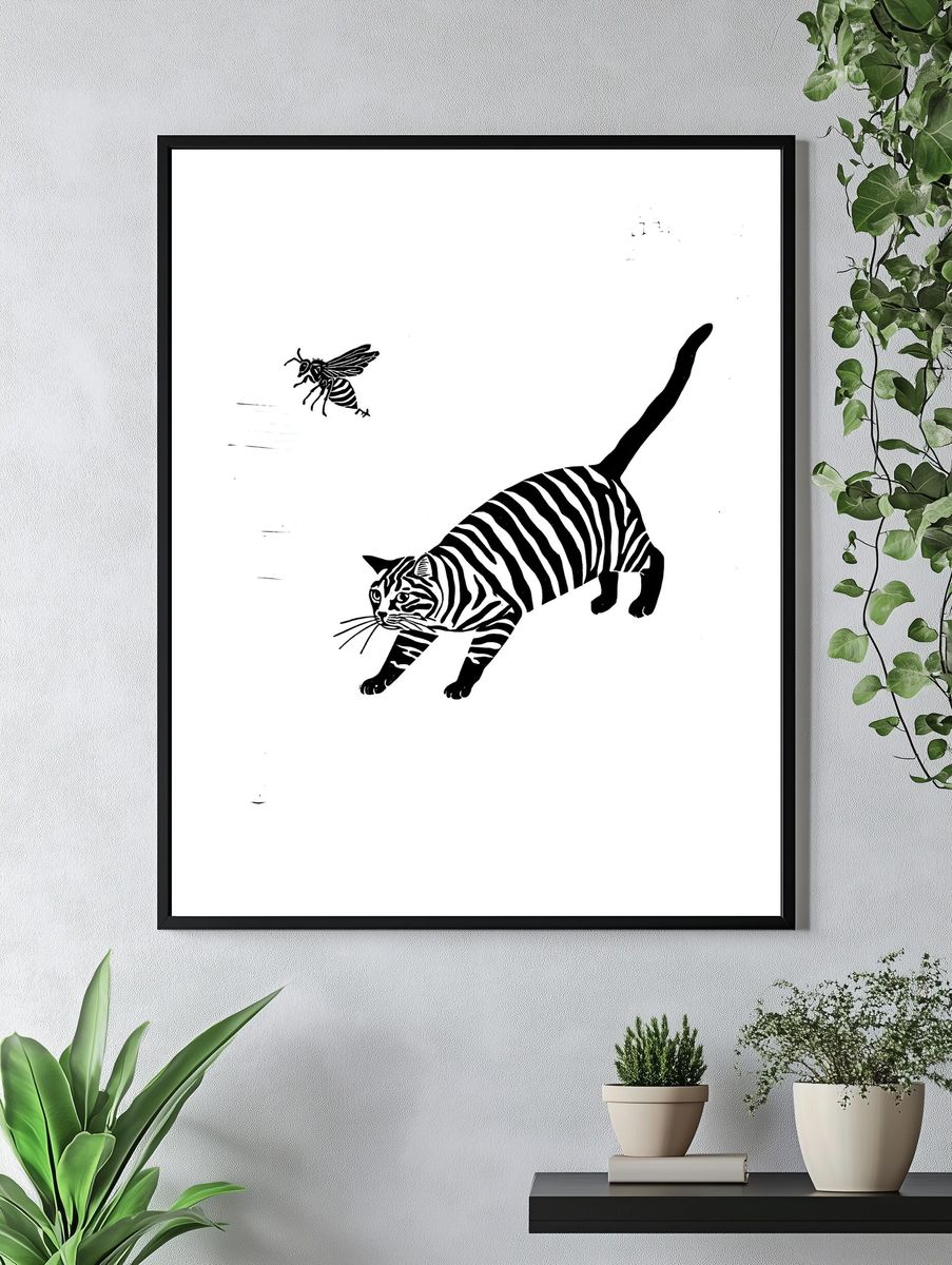 Tiger and Bee Black-White Print. — room view 4