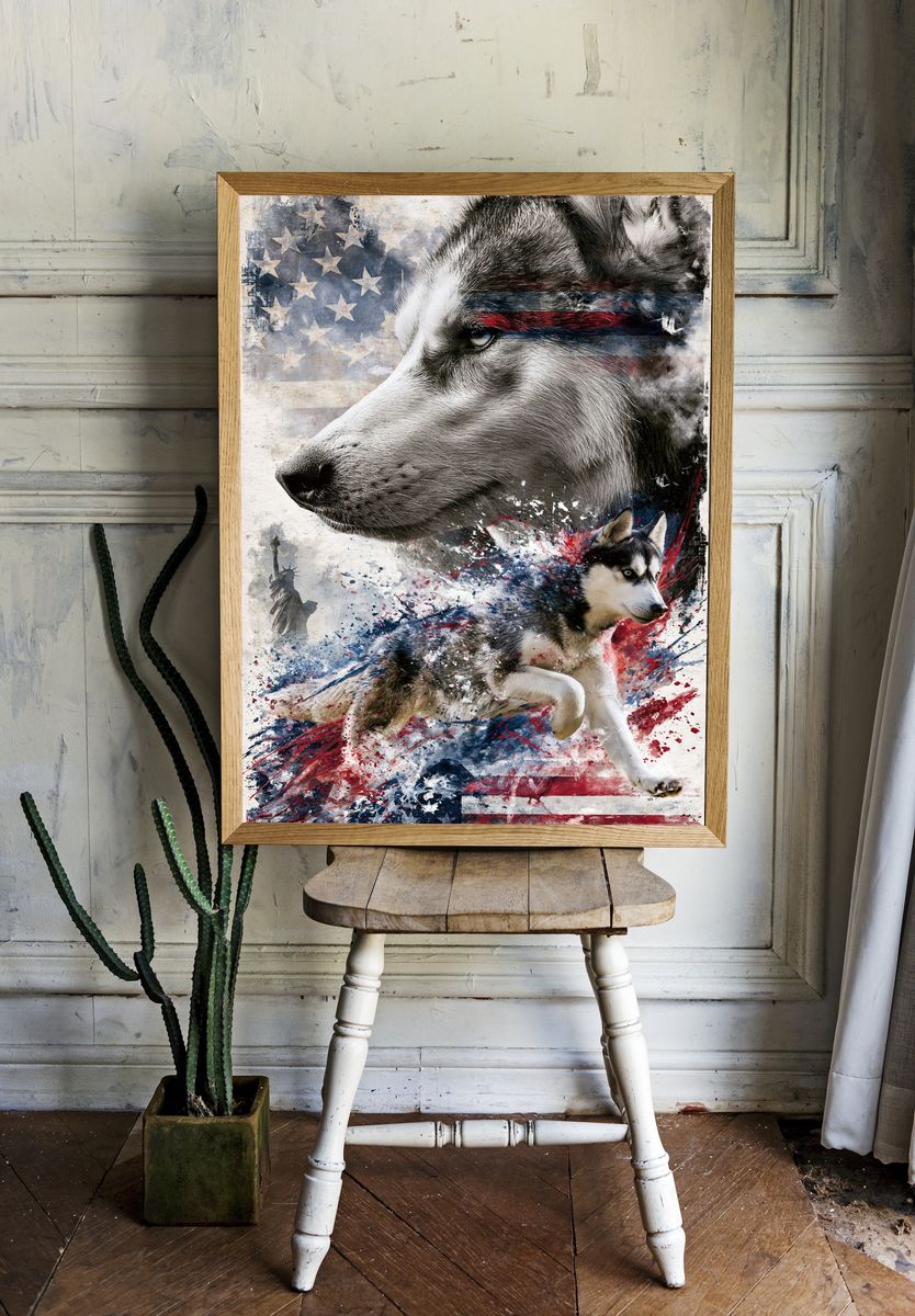 Patriotic Husky Illustration Poster. — room view 1