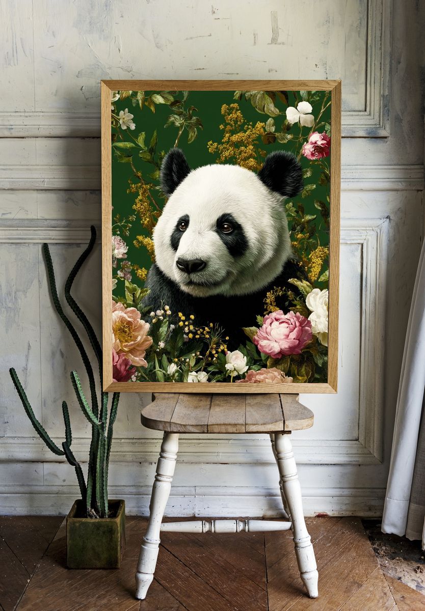 Panda Floral Garden Illustration Poster. — room view 1