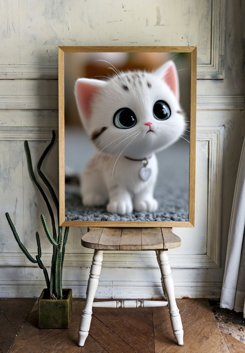 Cute White Kitten Illustration Poster. — room view 1