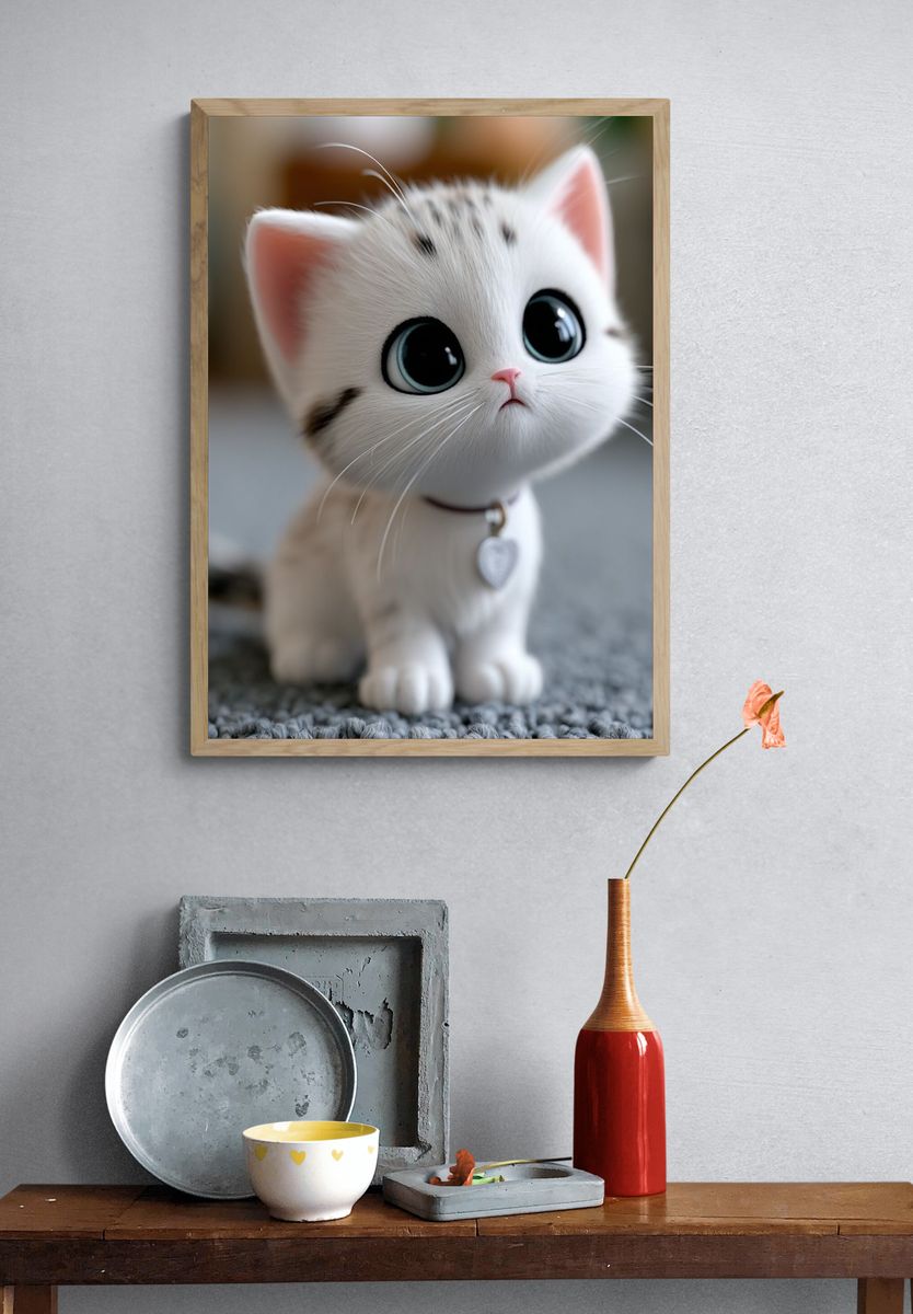 Cute White Kitten Illustration Poster. — room view 3