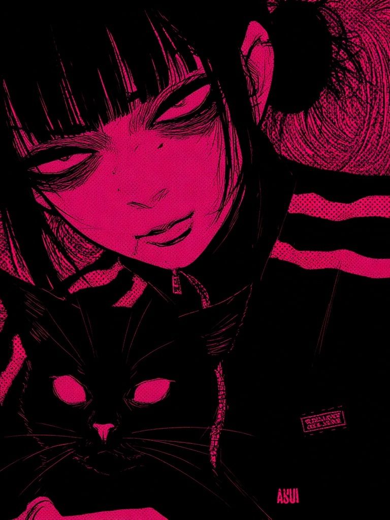 Neon Manga Girl and Cat Poster. poster — anime art