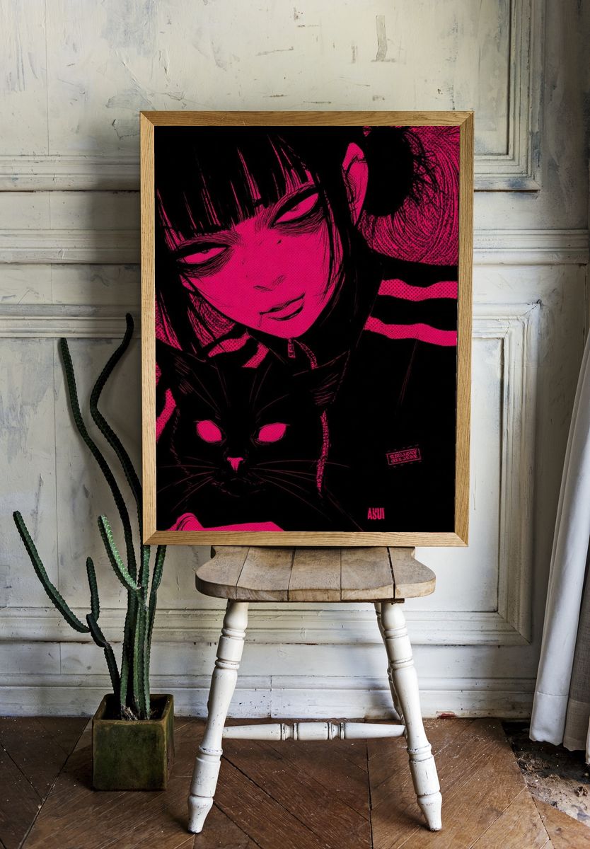 Neon Manga Girl and Cat Poster. — room view 1