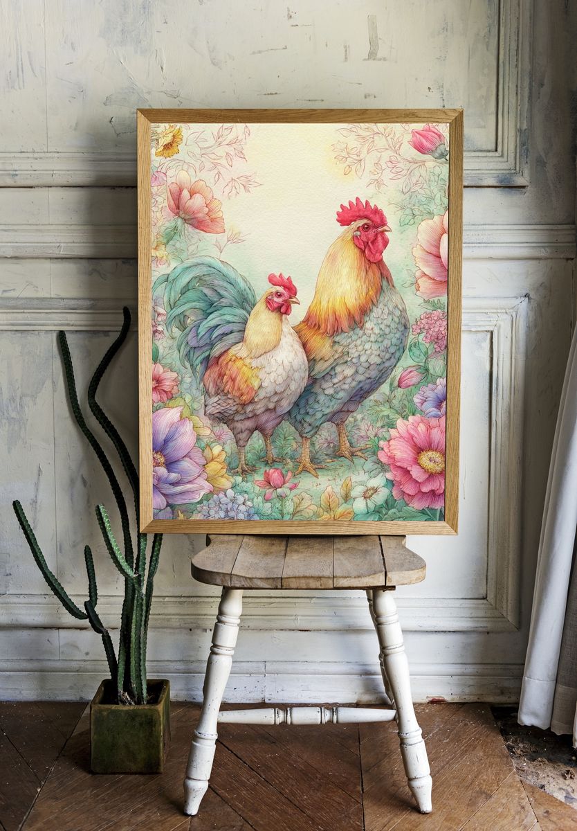 Floral Roosters Watercolor Print room preview