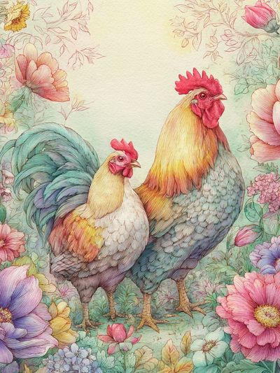 Floral Roosters Watercolor Print. poster