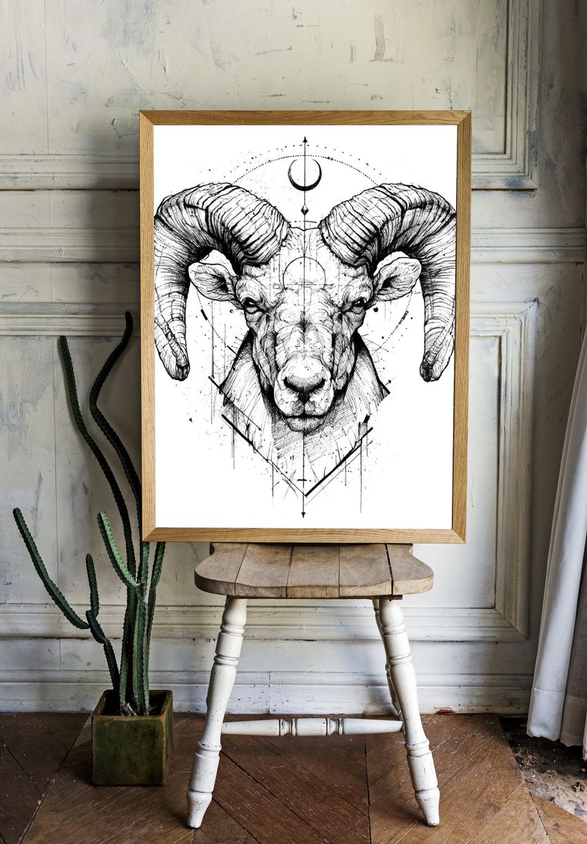 Ram Head Ink Illustration Poster. — room view 1