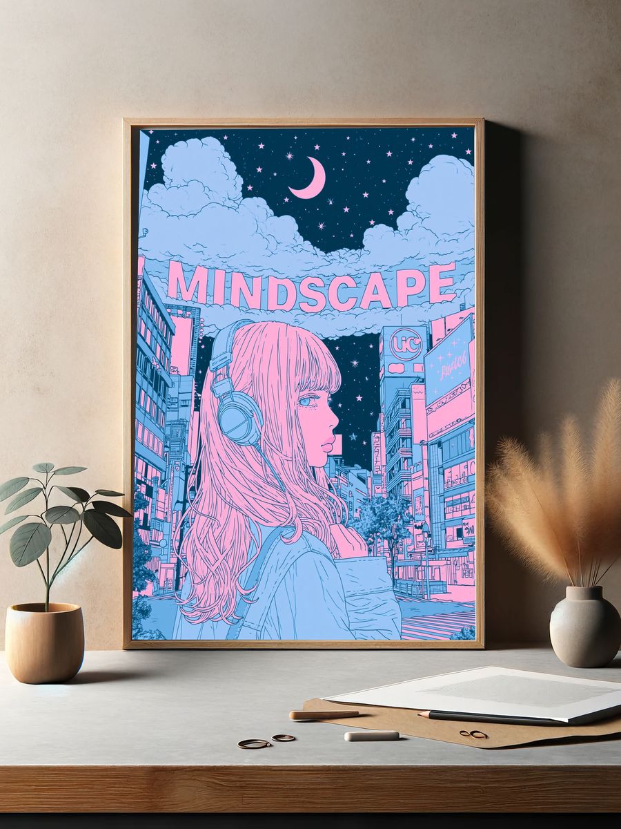 Dreamy Cityscape Anime Print. — room view 2