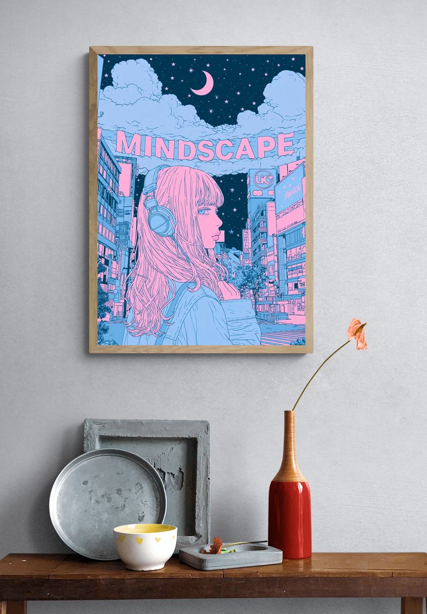 Dreamy Cityscape Anime Print. — room view 3