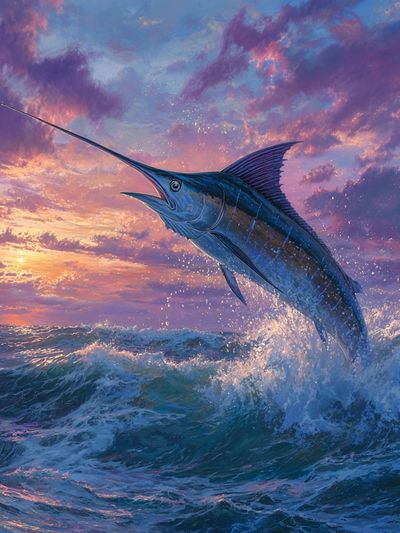 Leaping Marlin Sunset Print. poster