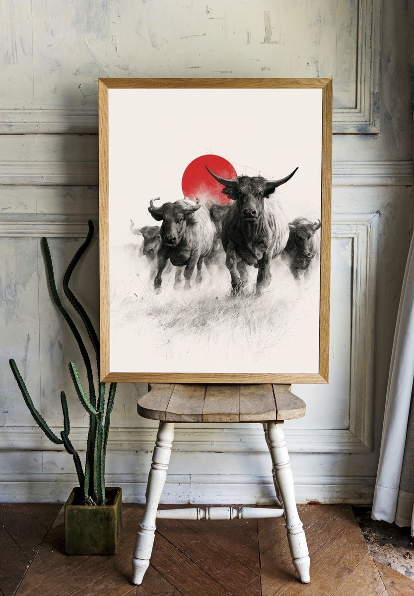 Charging Bulls Ink Poster. — room view 1