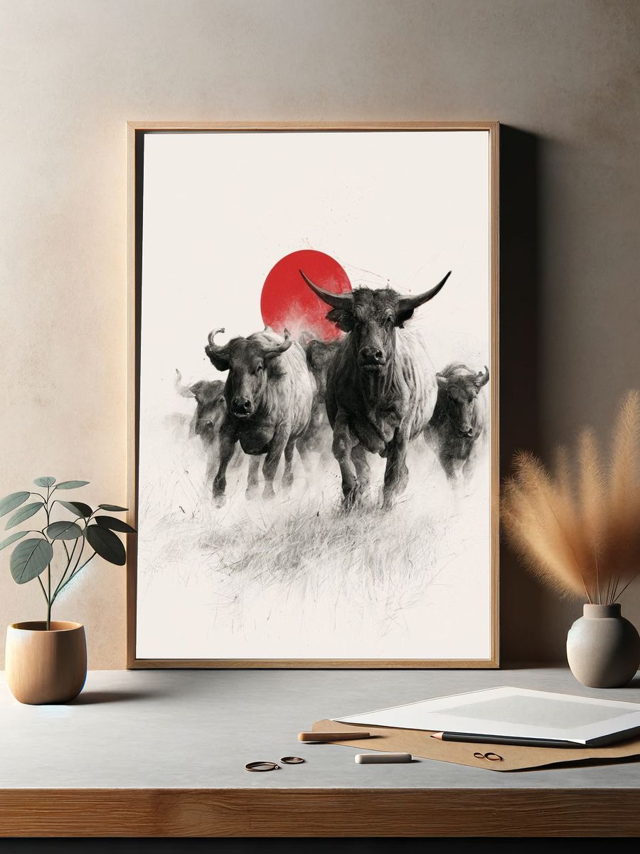 Charging Bulls Ink Poster. — room view 2