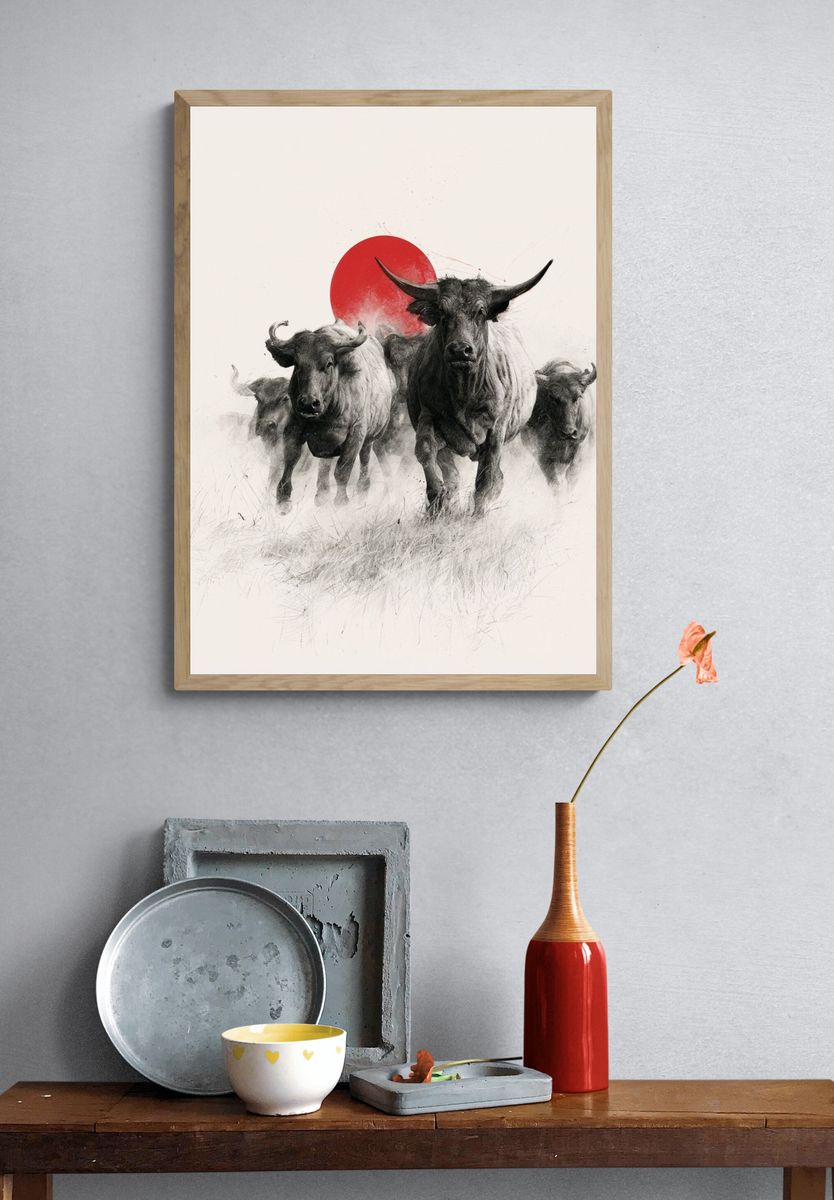 Charging Bulls Ink Poster. — room view 3