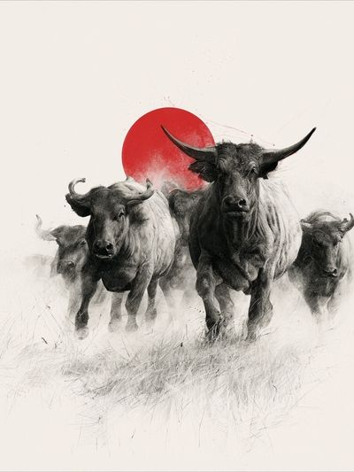 Charging Bulls Ink Poster.
