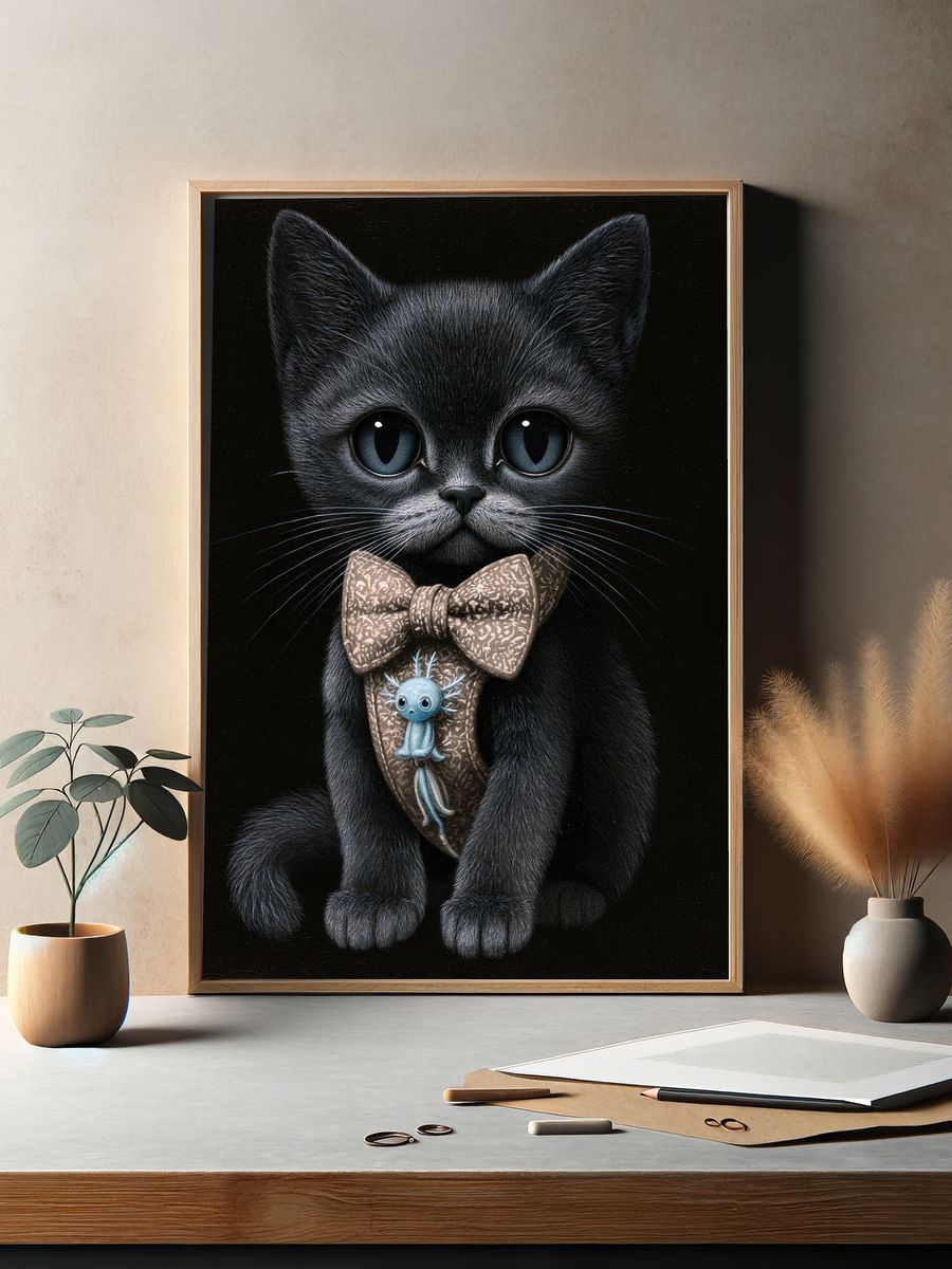 Black Kitten Portrait Illustration Poster. — room view 2