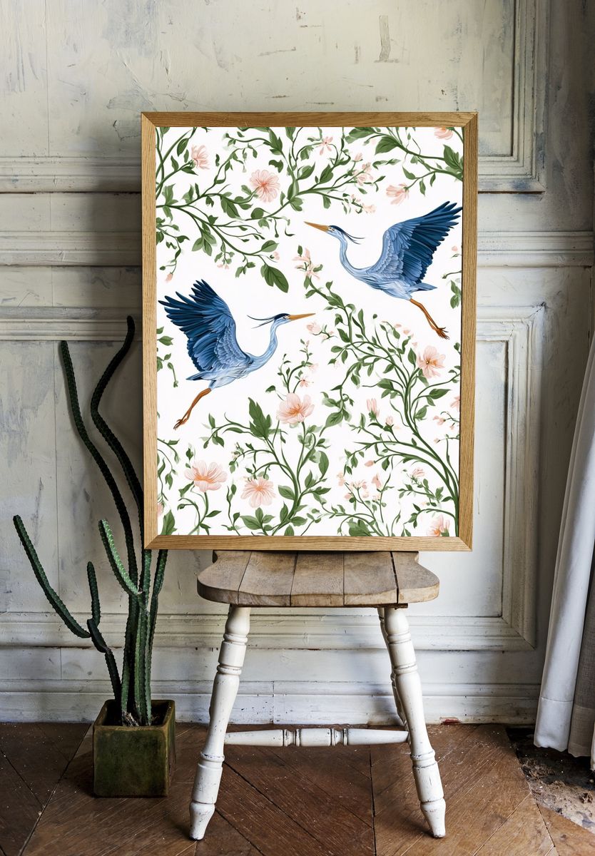 Blue Herons Floral Pattern Print. room preview
