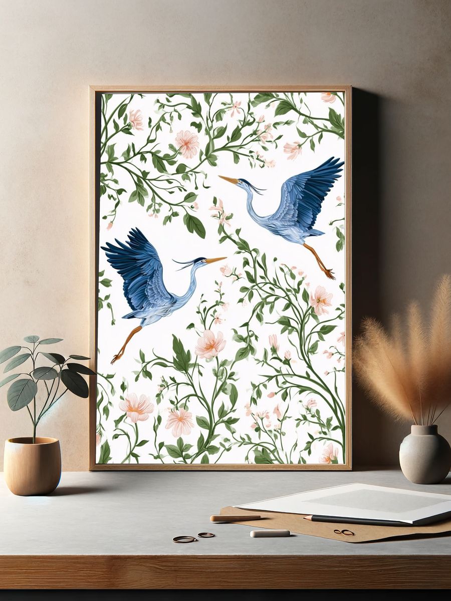 Blue Herons Floral Pattern Print. — room view 2