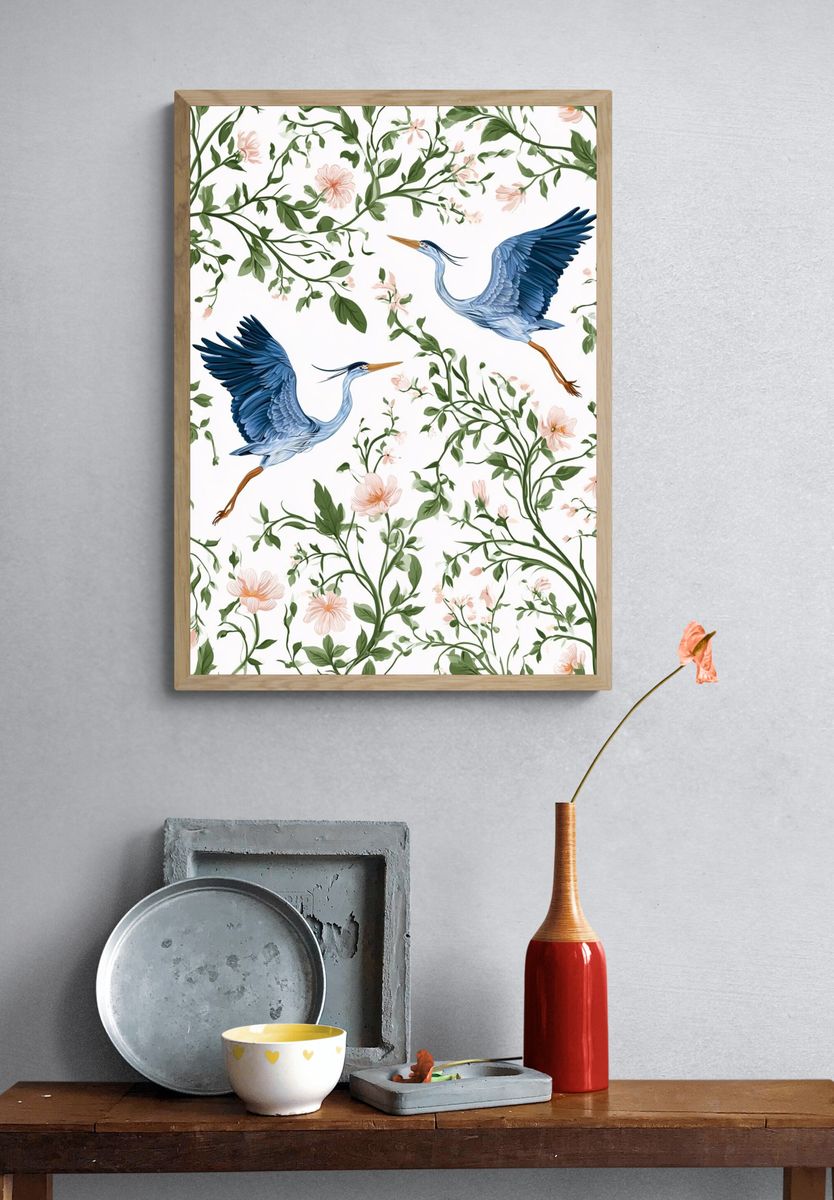 Blue Herons Floral Pattern Print. — room view 3