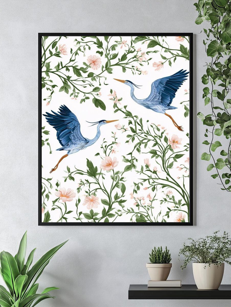 Blue Herons Floral Pattern Print. — room view 4