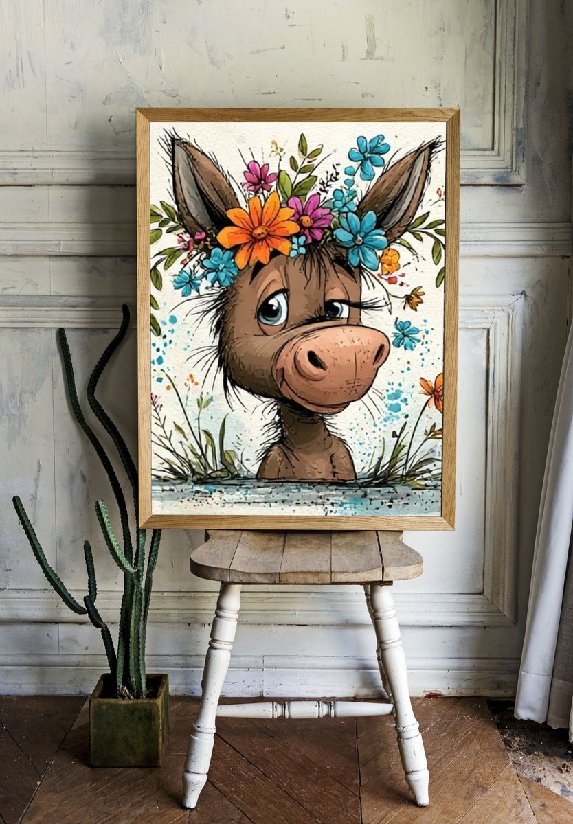 Floral Donkey Watercolor Poster. — room view 1