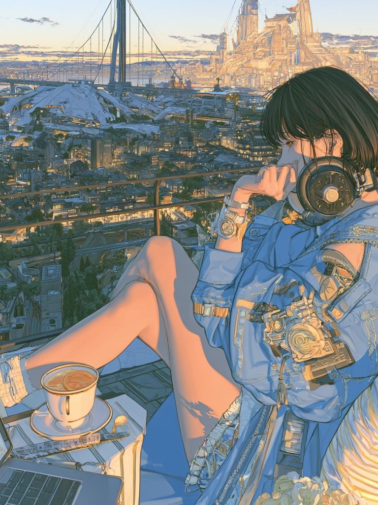 Anime Cityscape Balcony Print. poster detail