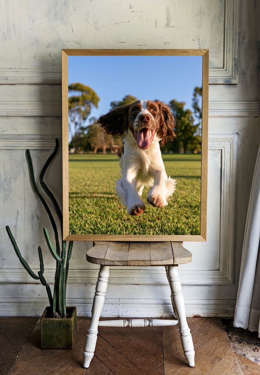Happy Spaniel Run Photography Poster. — room view 1