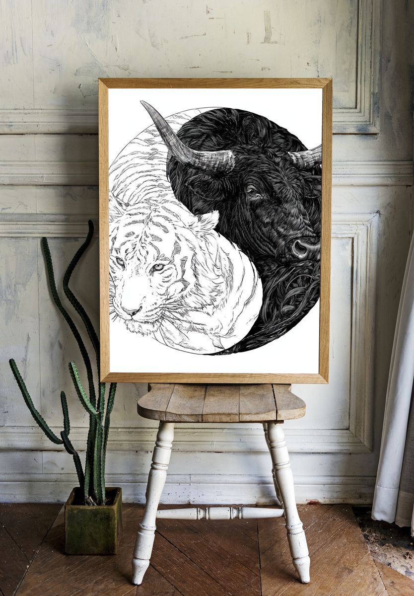 Yin Yang Tiger and Bull Illustration Poster. — room view 1