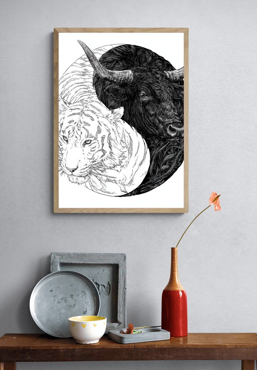 Yin Yang Tiger and Bull Illustration Poster. — room view 3