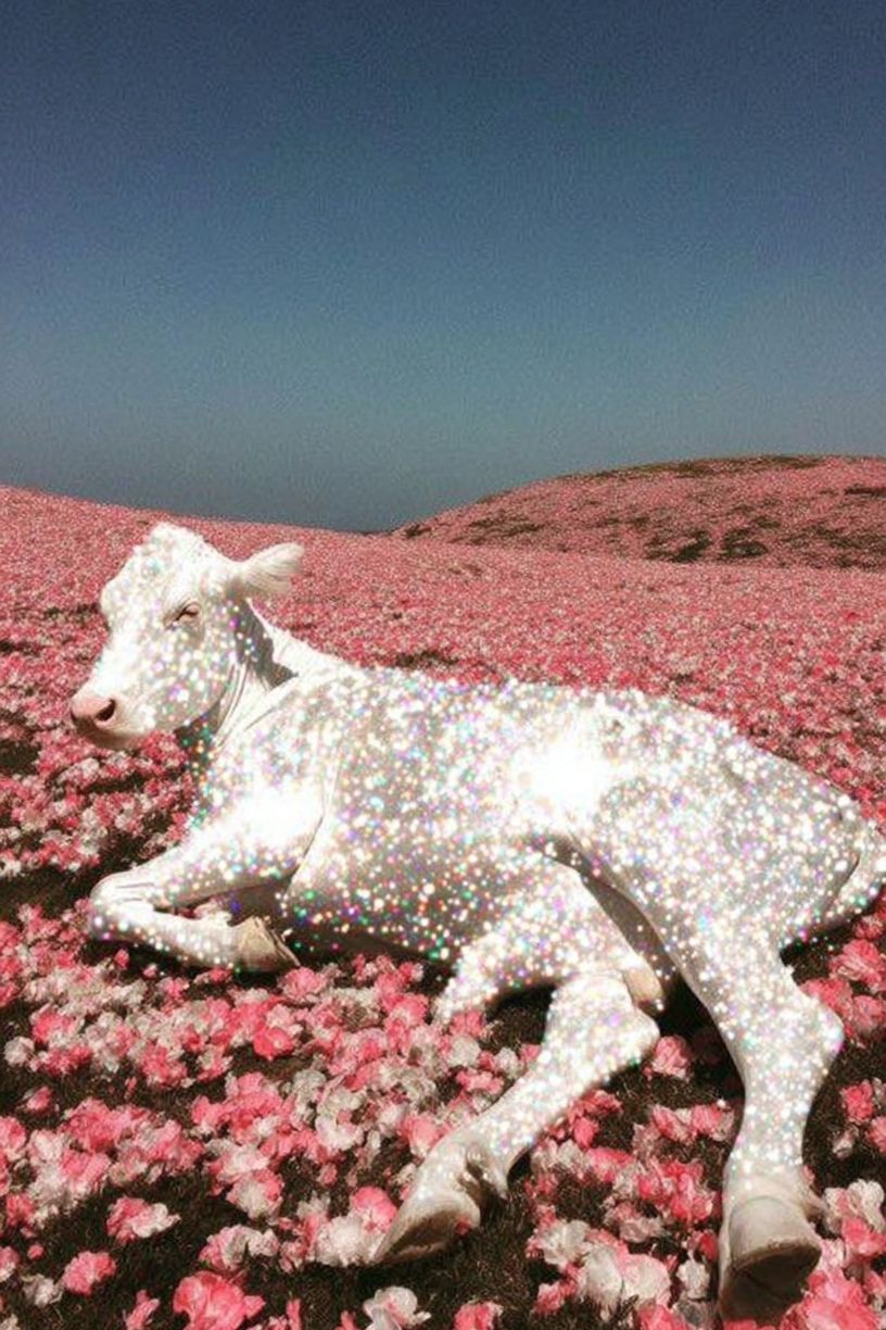 Sparkling Cow in Flower Field Print. poster detail