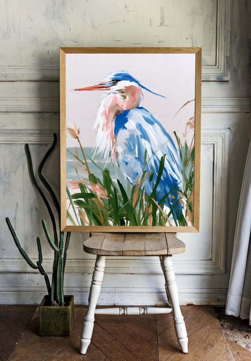 Blue Heron Coastal Painting Poster. — room view 1