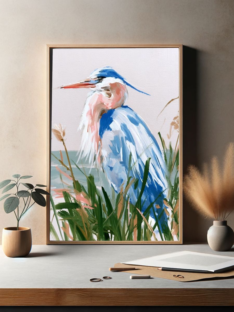 Blue Heron Coastal Painting Poster. — room view 2