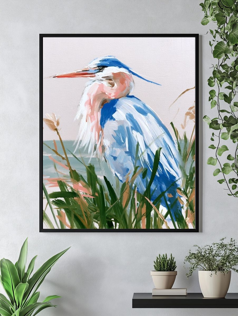 Blue Heron Coastal Painting Poster. — room view 4