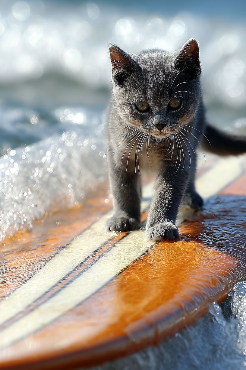 Surfboard Kitten Photography Poster. poster detail