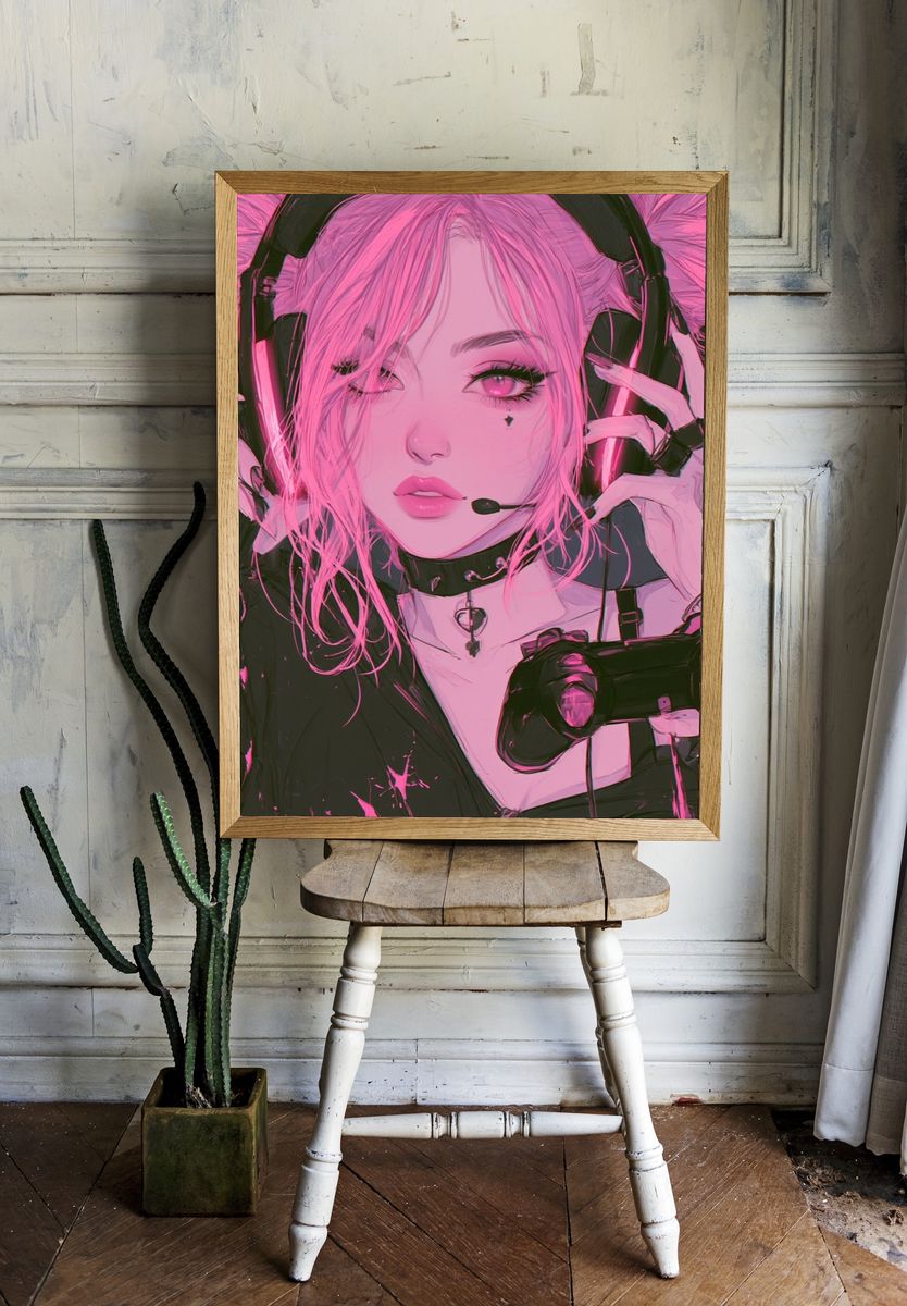 Pink Gamer Girl Anime Poster. — room view 1