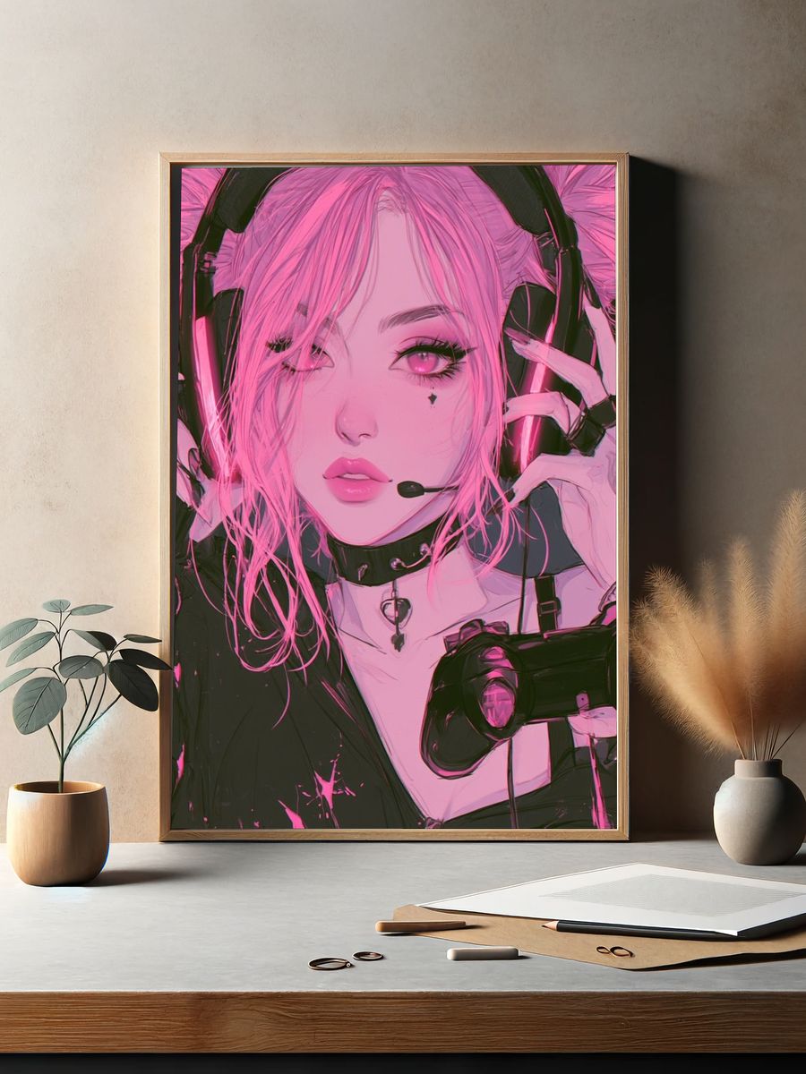 Pink Gamer Girl Anime Poster. — room view 2