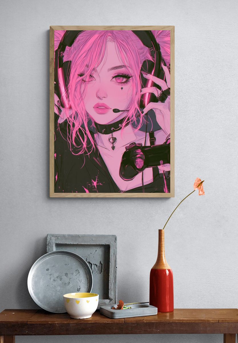 Pink Gamer Girl Anime Poster. — room view 3