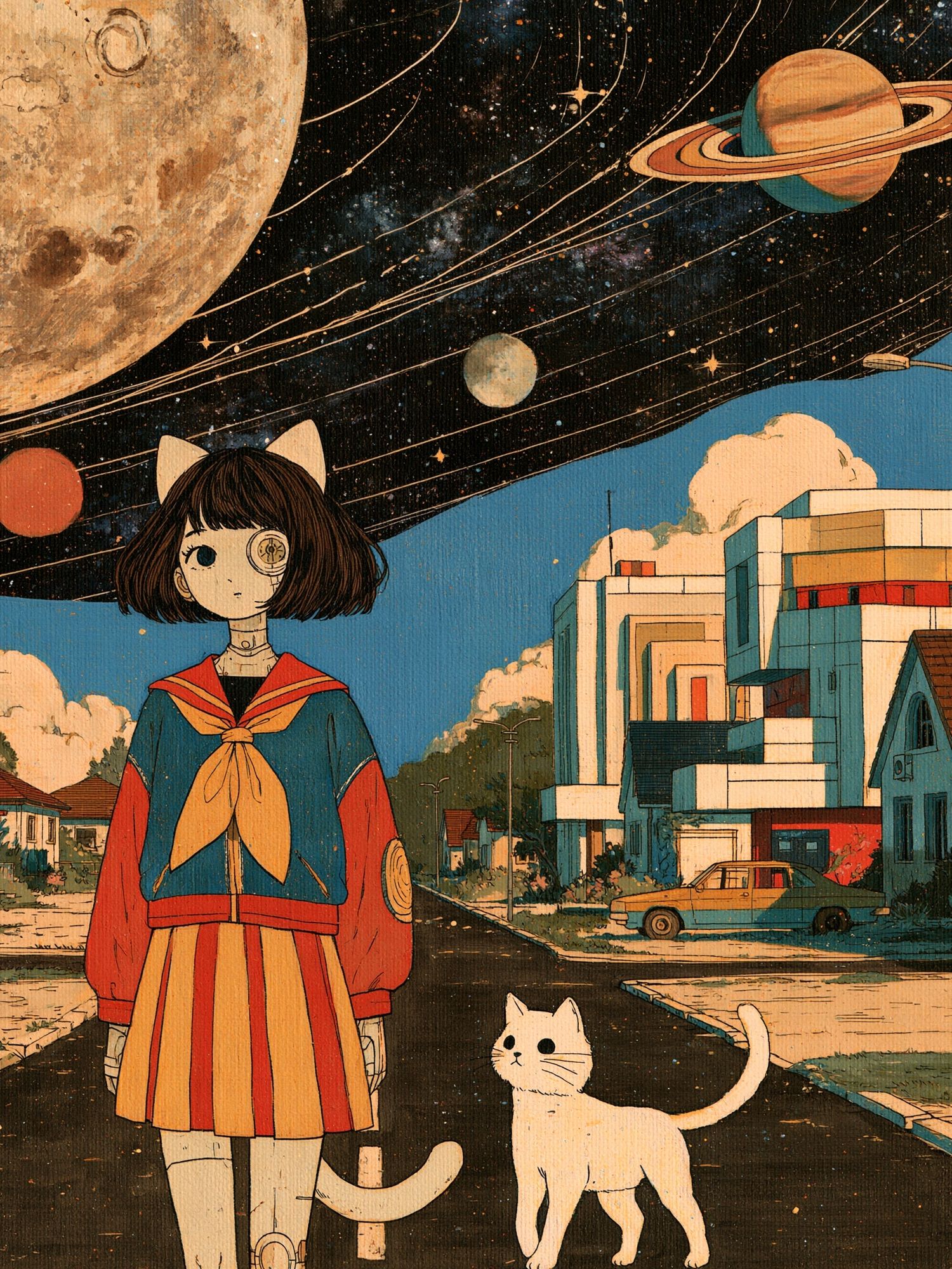 Surreal Catgirl Space Street Poster. poster detail