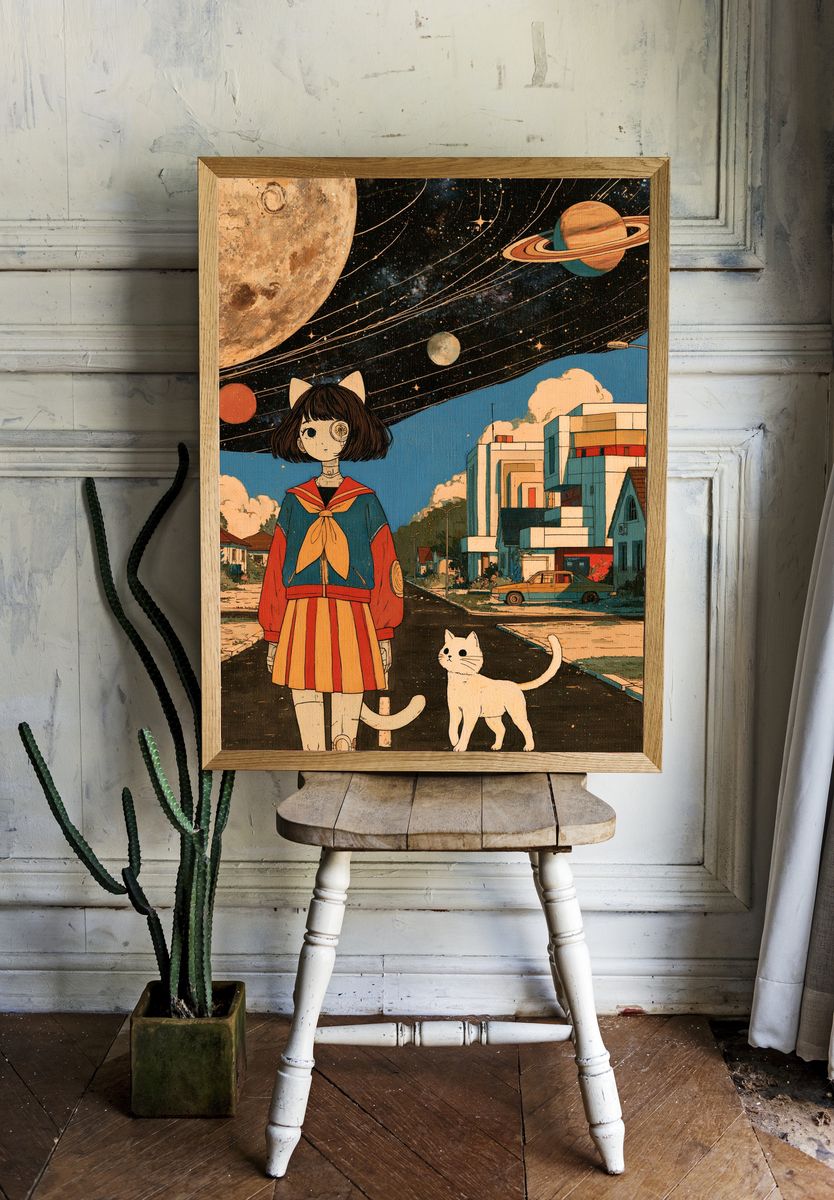 Surreal Catgirl Space Street Poster. — room view 1