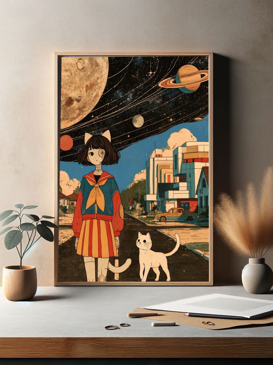 Surreal Catgirl Space Street Poster. — room view 2