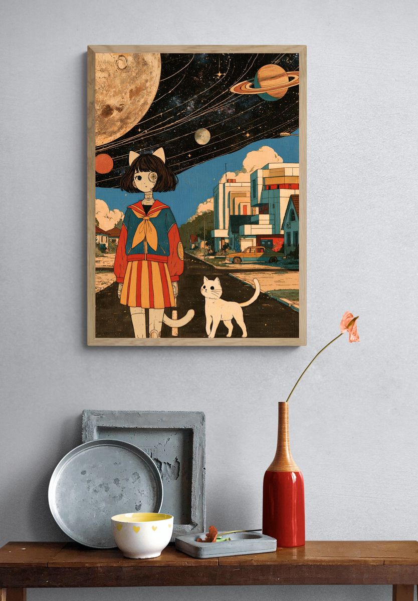 Surreal Catgirl Space Street Poster. — room view 3