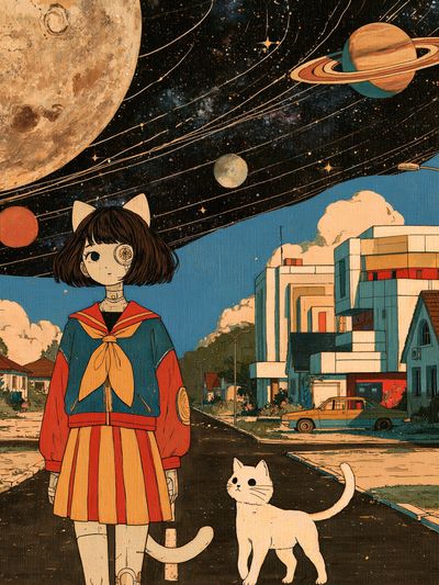 Surreal Catgirl Space Street Poster. poster