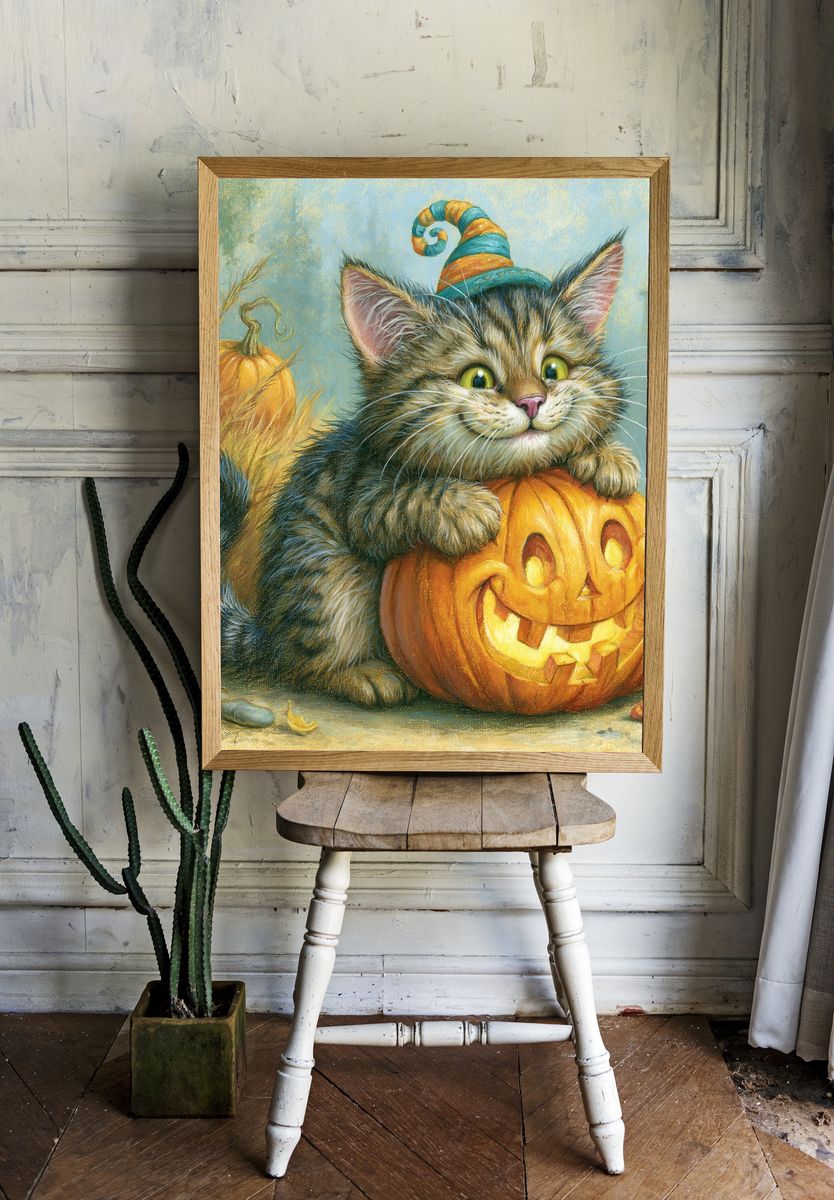 Halloween Kitten Pumpkin Print. — room view 1