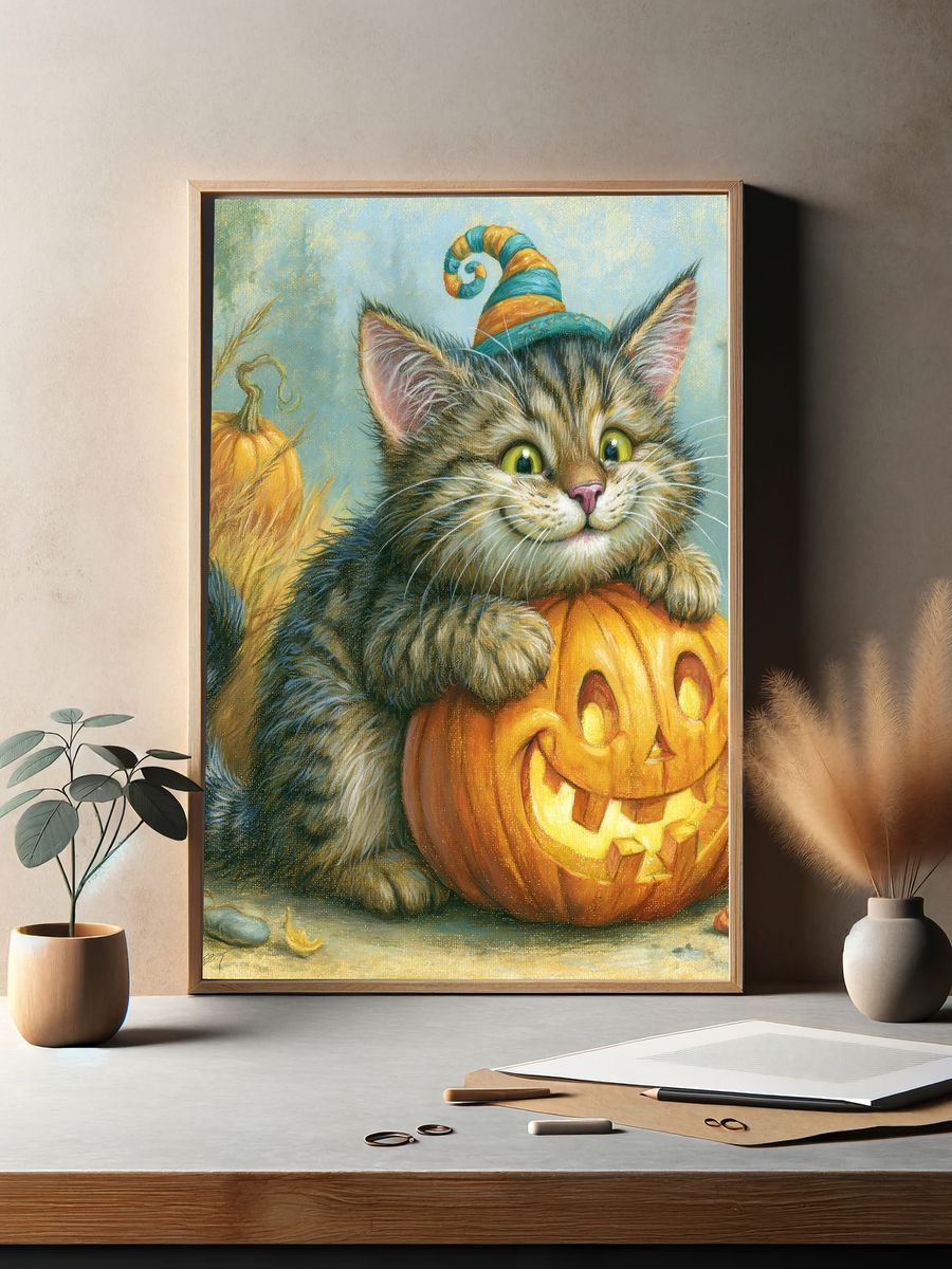 Halloween Kitten Pumpkin Print. — room view 2