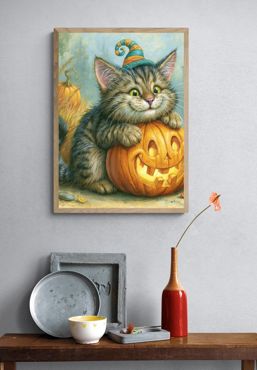Halloween Kitten Pumpkin Print. — room view 3