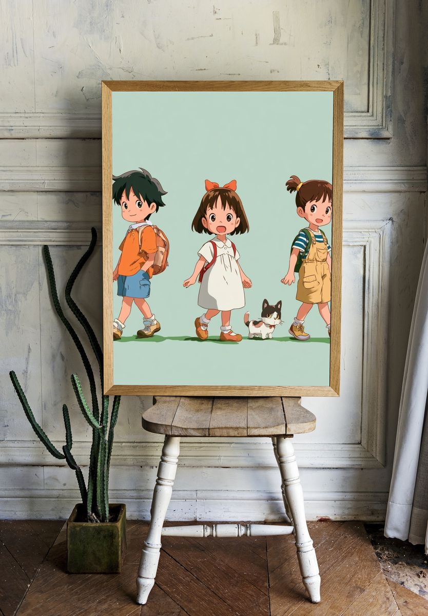 Cute Kids and Cat Illustration Poster. — room view 1