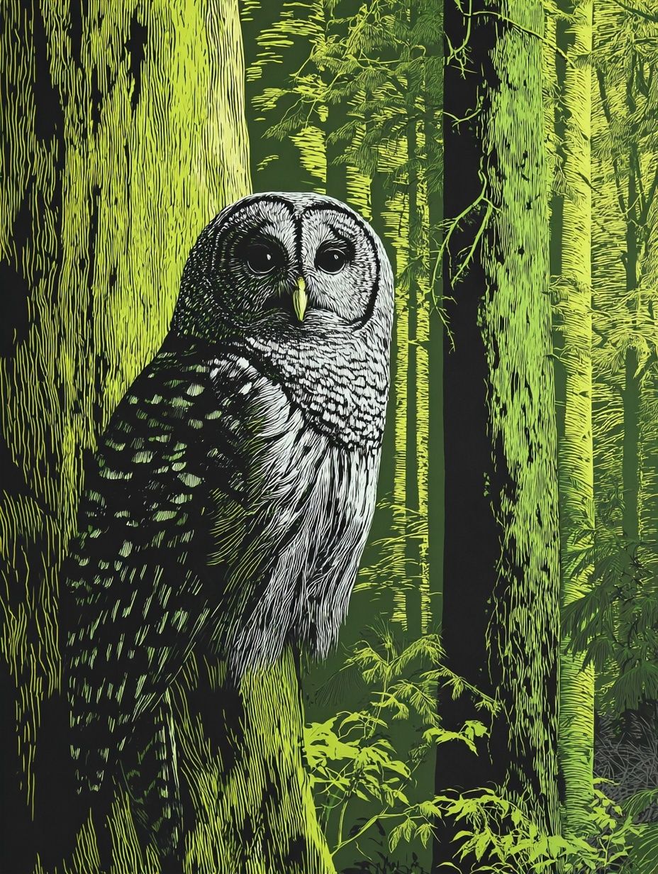 Owl in Neon Forest Illustration Poster. poster detail